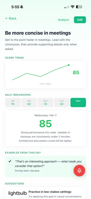Fluent goal tracking showing daily score trend and conversation evidence