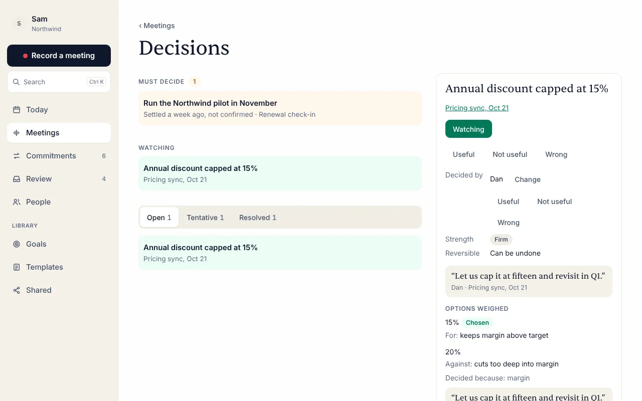 The Decisions page in the Fluent web app: a must-decide item, a watched decision, and a decision opened with who decided, the quote it came from and the options weighed.